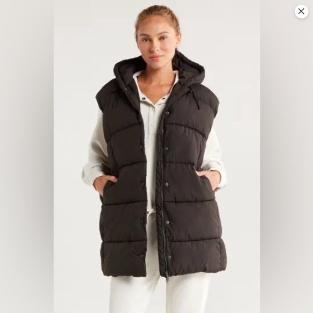 Zella NWT Women's Longline Hooded Puffer Vest Black Size Large